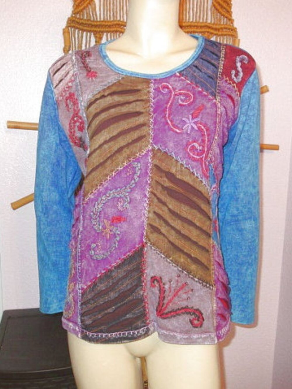 Rising International Patchwork Top Size XL Embroidered Groovy Hippie Boho Grunge